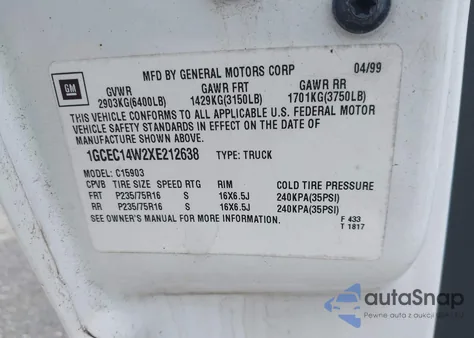 1999 Chevrolet Silverado 1500 из США, поврежденный, VIN 1GCEC14W2XE212638